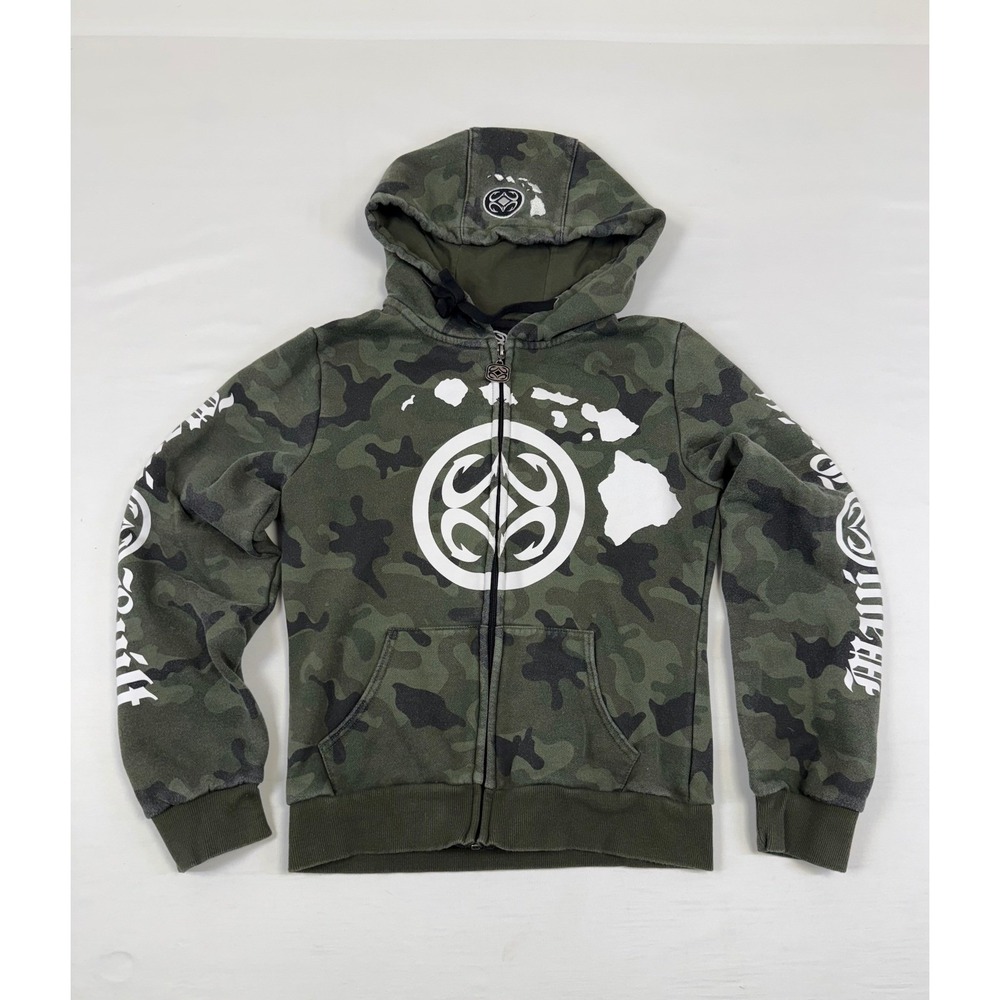 Maui Built Womens Camo Full Zip Hoodie Green Graphic Hawaii Sweatshirt Large